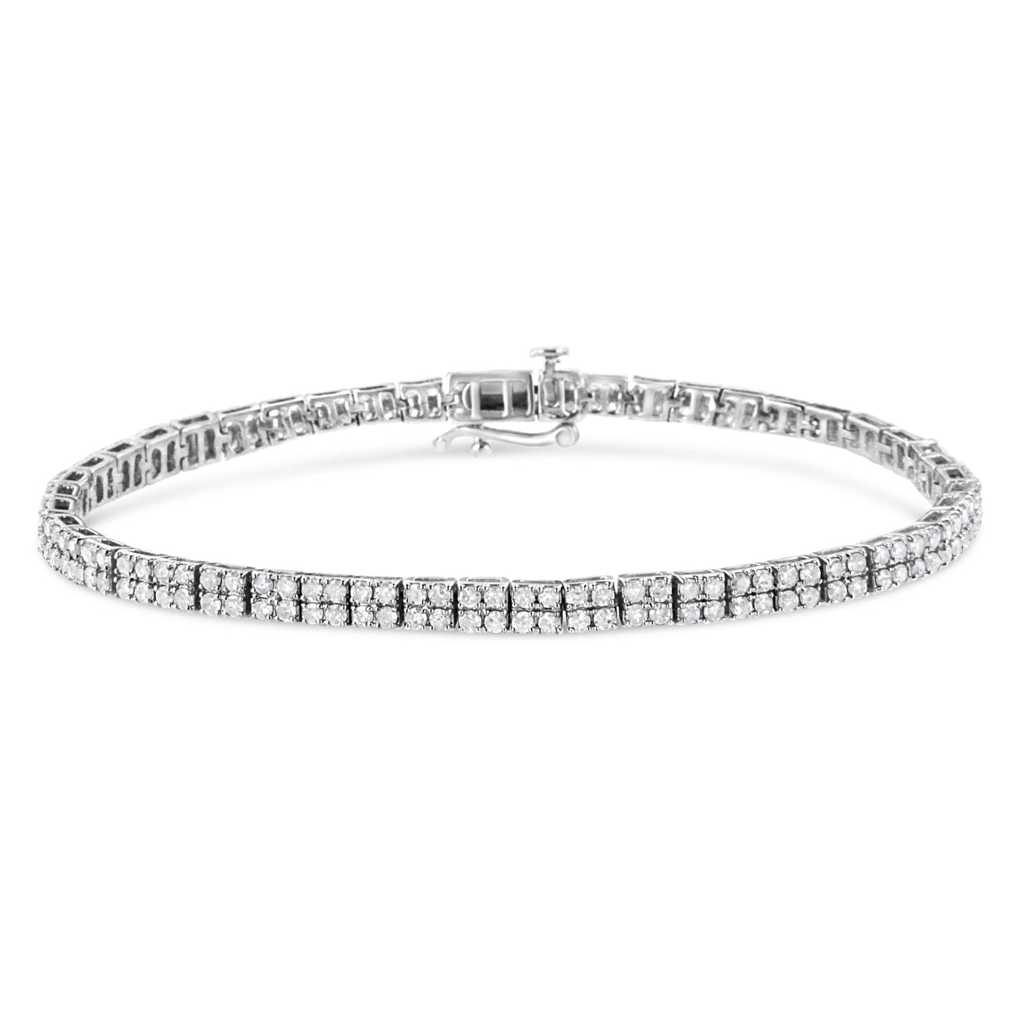 White metal bracelet with multiple rows of round white gemstones in prong settings, shown from a front angle.