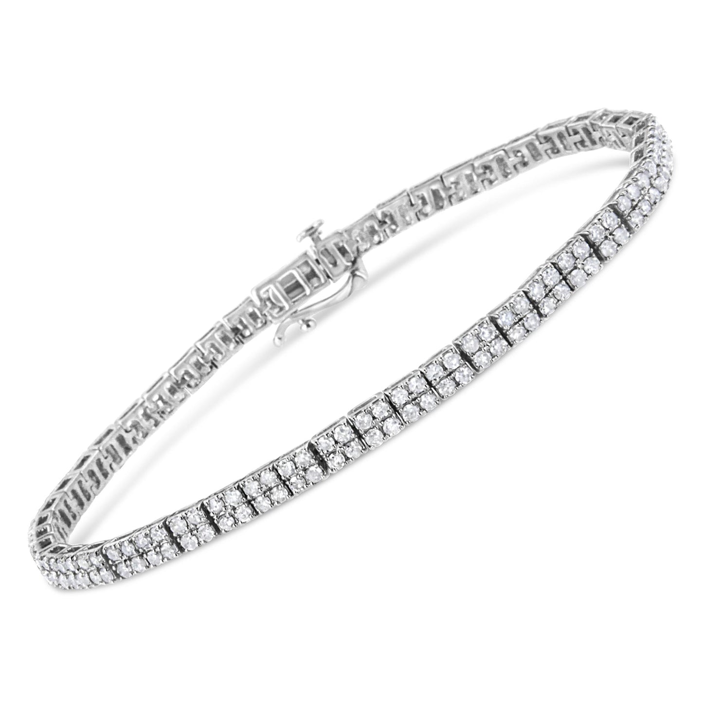 White metal bracelet with multiple rows of round white gemstones in prong settings, shown at an angled top view.
