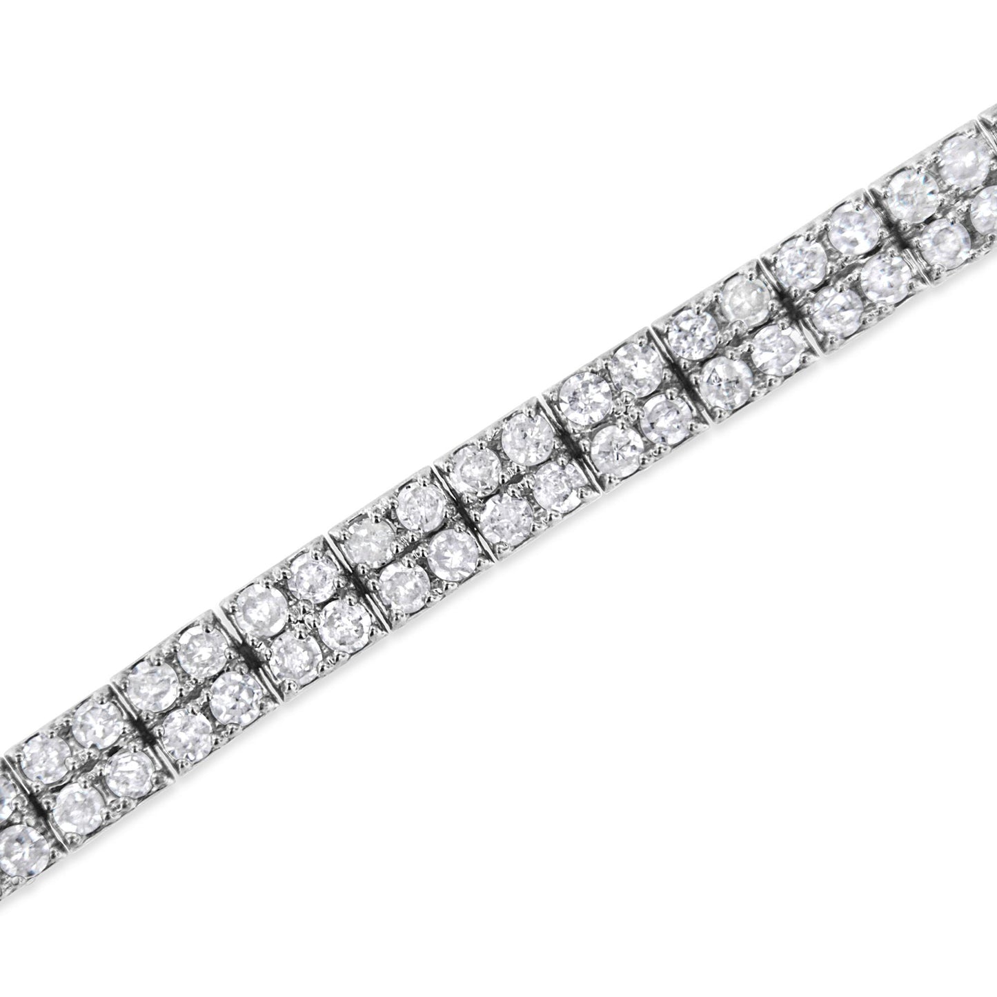 White metal bracelet with multiple rows of round white gemstones in prong settings, shown in a close-up angled view.
