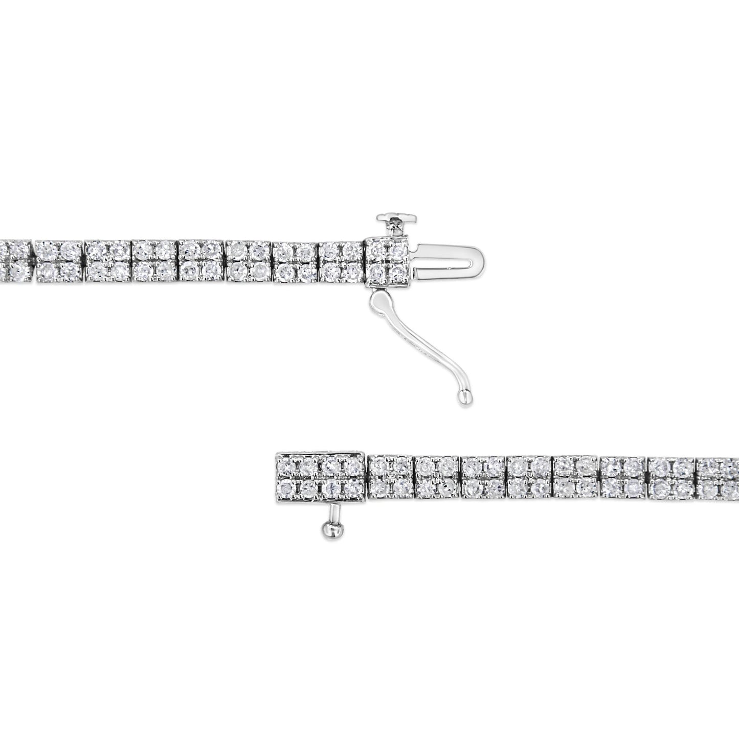 Close-up top-down view of a white bracelet with evenly spaced square sections, each set with multiple round white gemstones in a prong setting, shown unclasped on a white background.