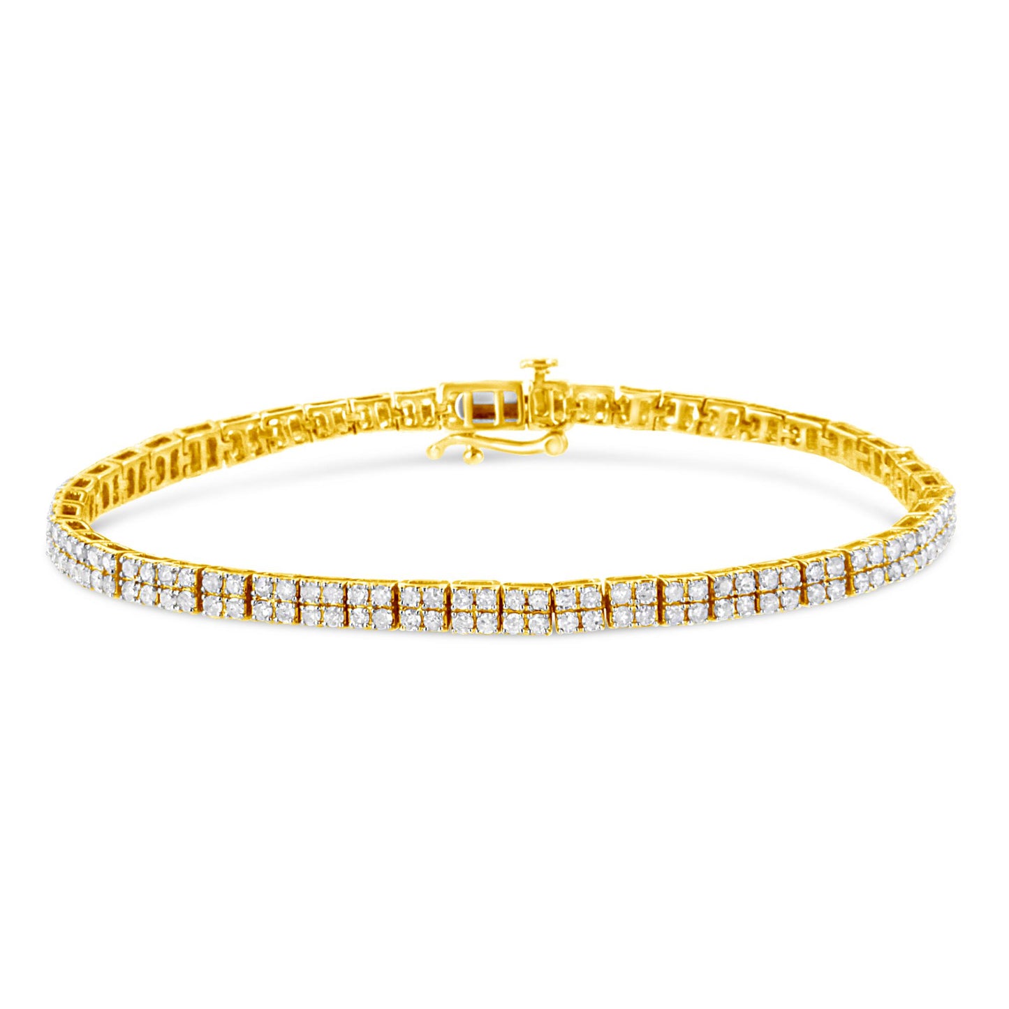 Yellow metal bracelet with two rows of prong-set round white gemstones, shown from a front angle on a white background.