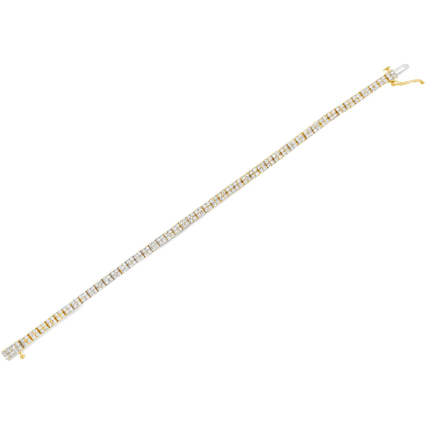 Diagonal top-down view of a yellow metal bracelet featuring a continuous row of prong-set white round gemstones.