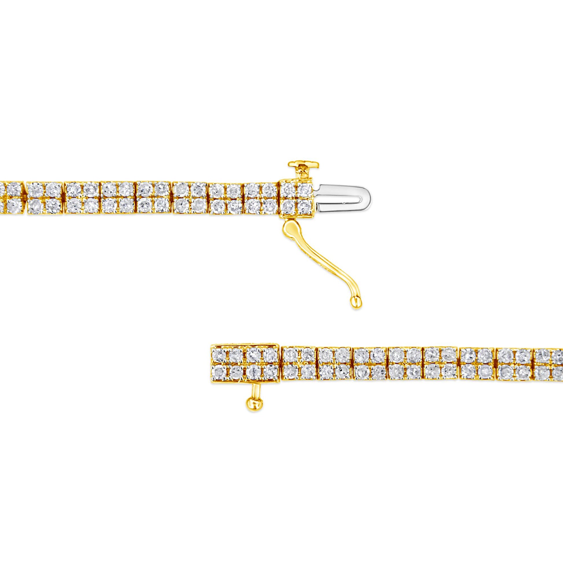 Close-up top view of two yellow bracelets laid flat, each featuring multiple white round gemstones in a prong setting, one with a clasp partially open.