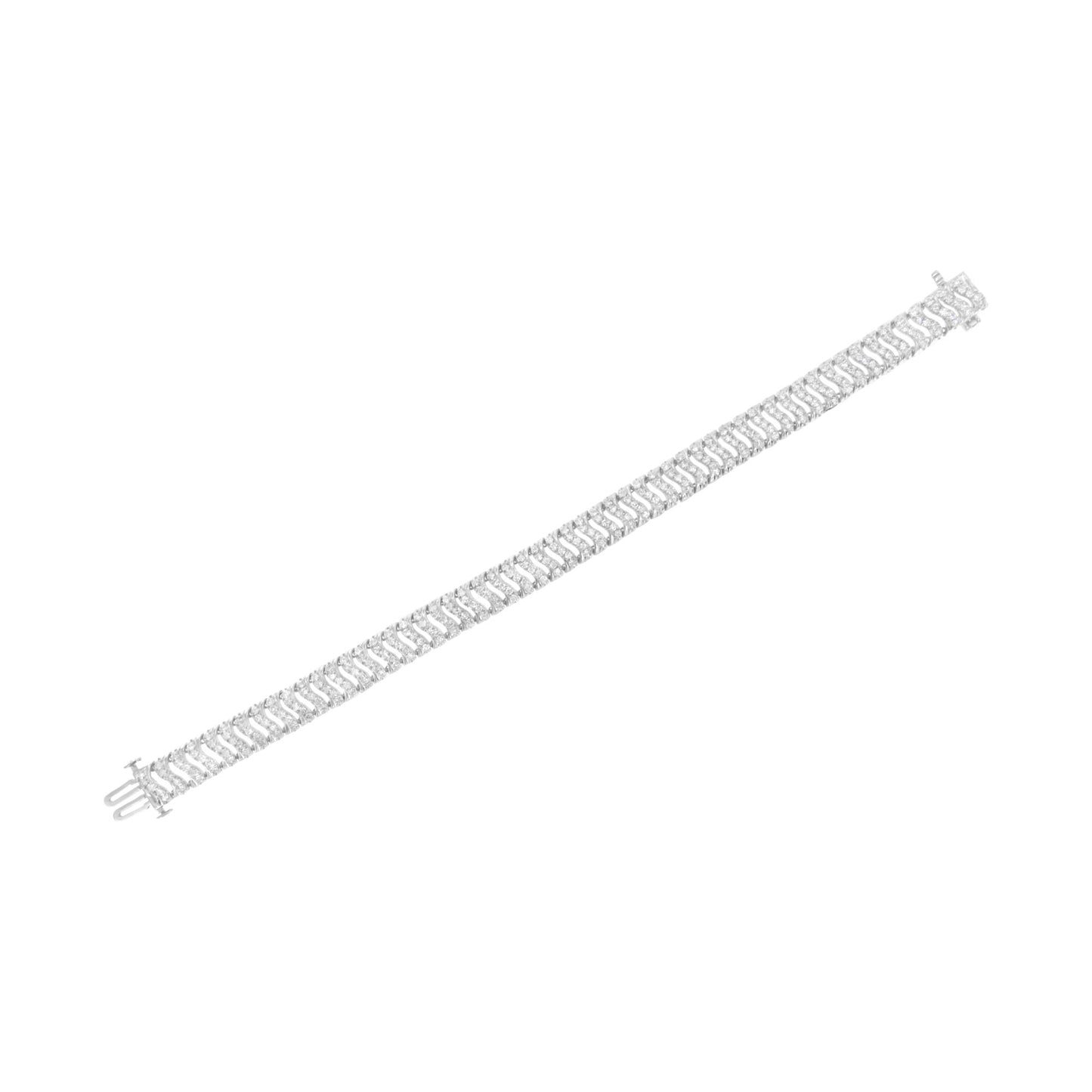 White metal bracelet with multiple rows of round white gemstones in prong settings, shown flat from a top-down angle.