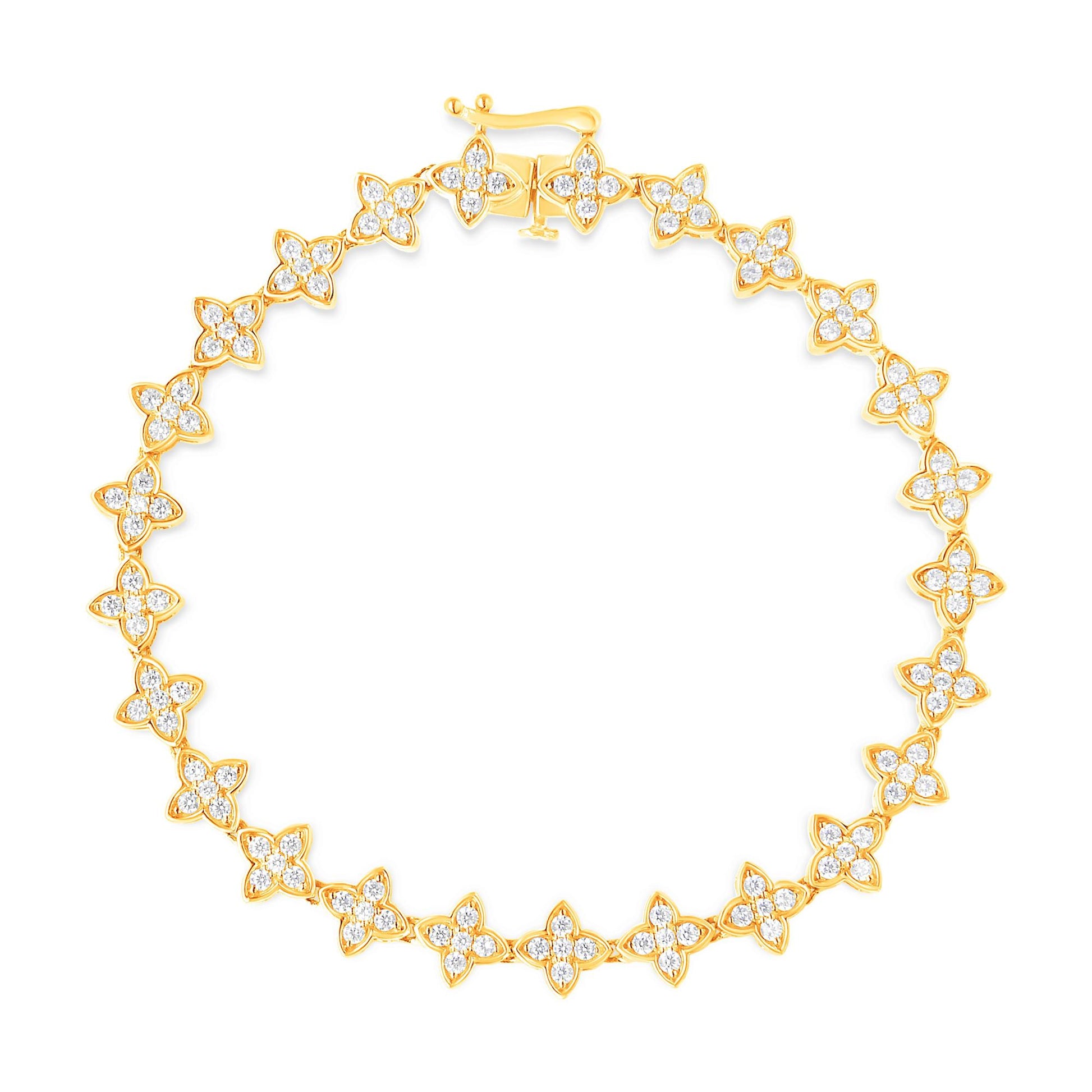 Top-down view of a yellow metal bracelet with flower-shaped links, each set with multiple round white gemstones in prong settings.
