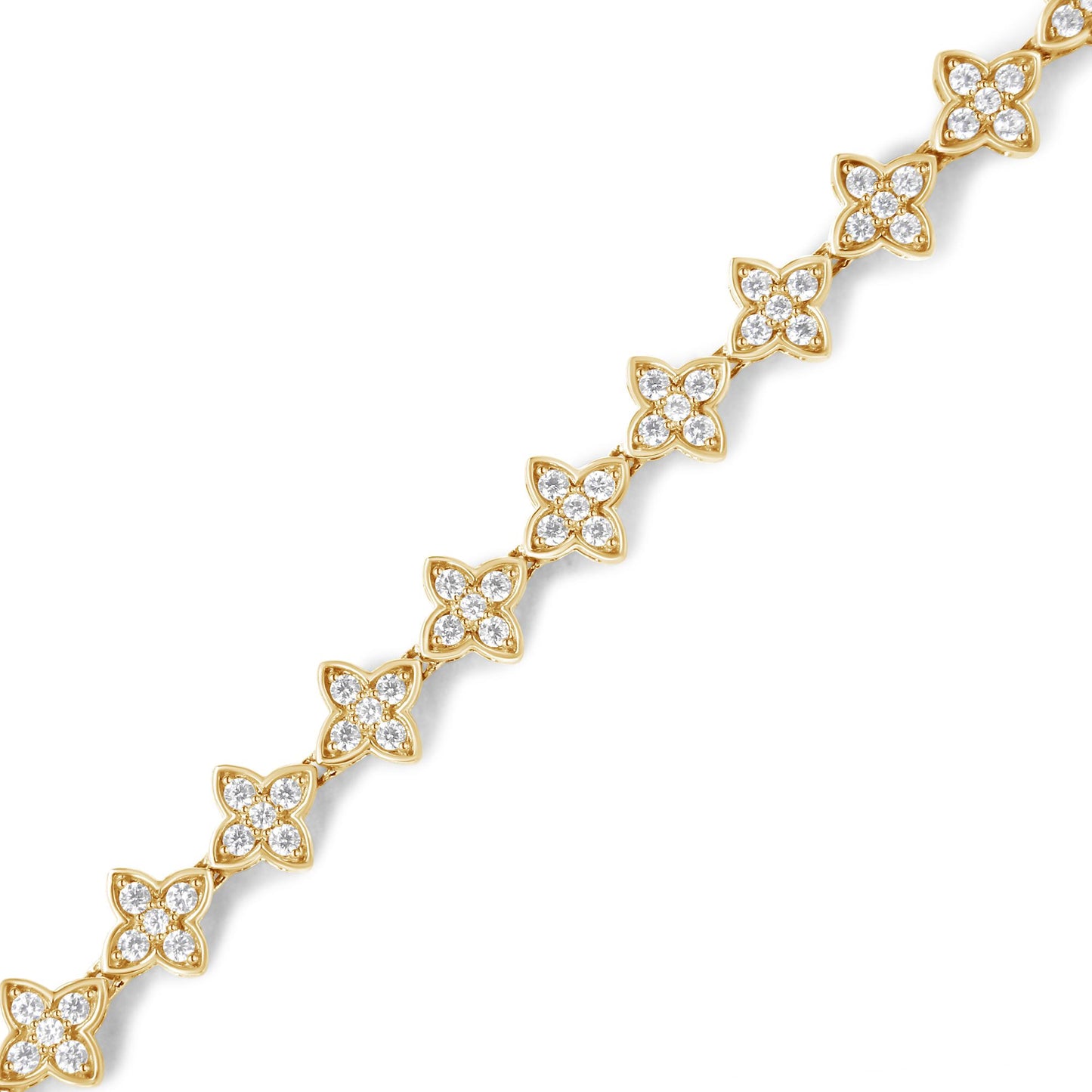 Diagonal close-up of a yellow bracelet featuring floral-shaped links adorned with white round gemstones in prong settings.