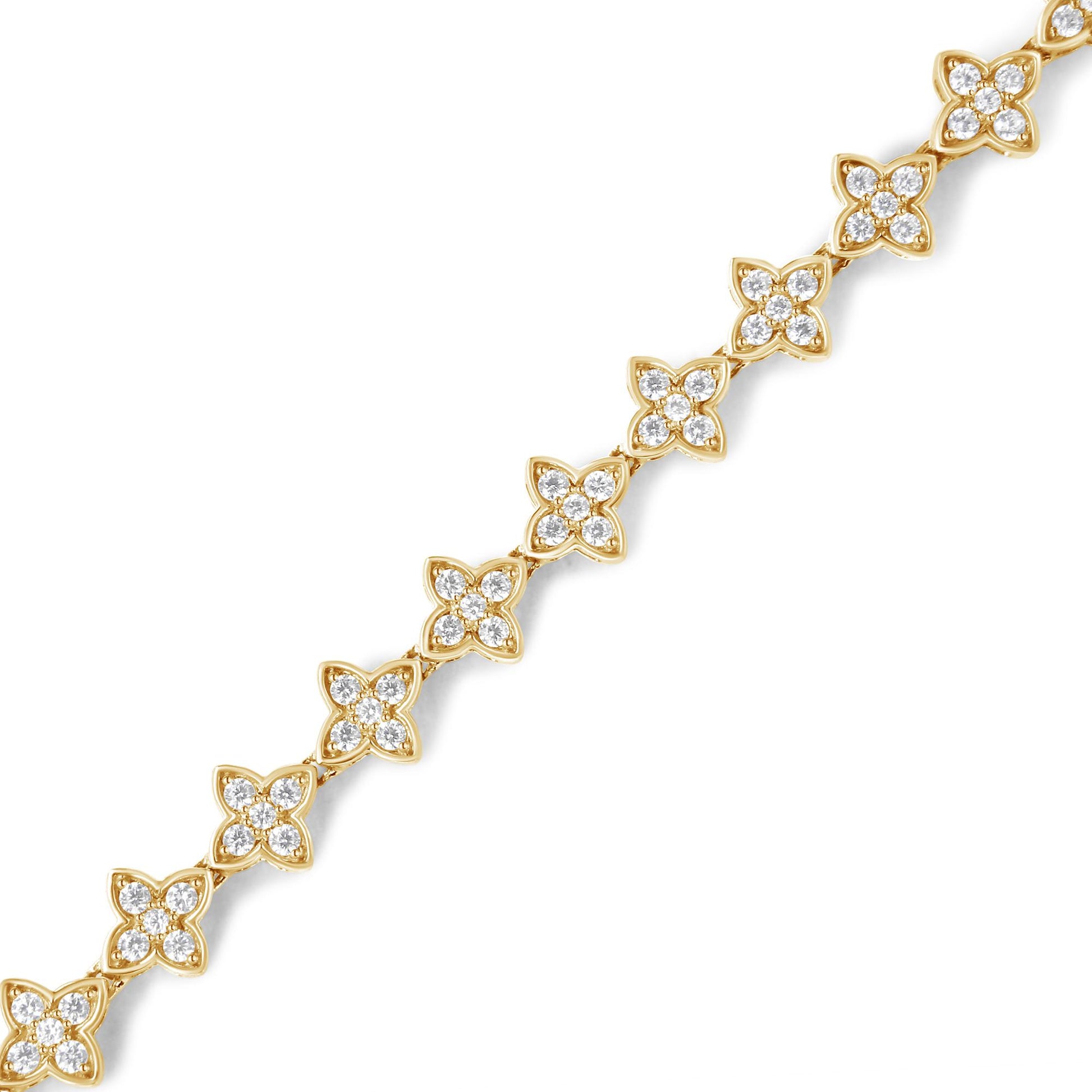 Diagonal close-up of a yellow bracelet featuring floral-shaped links adorned with white round gemstones in prong settings.