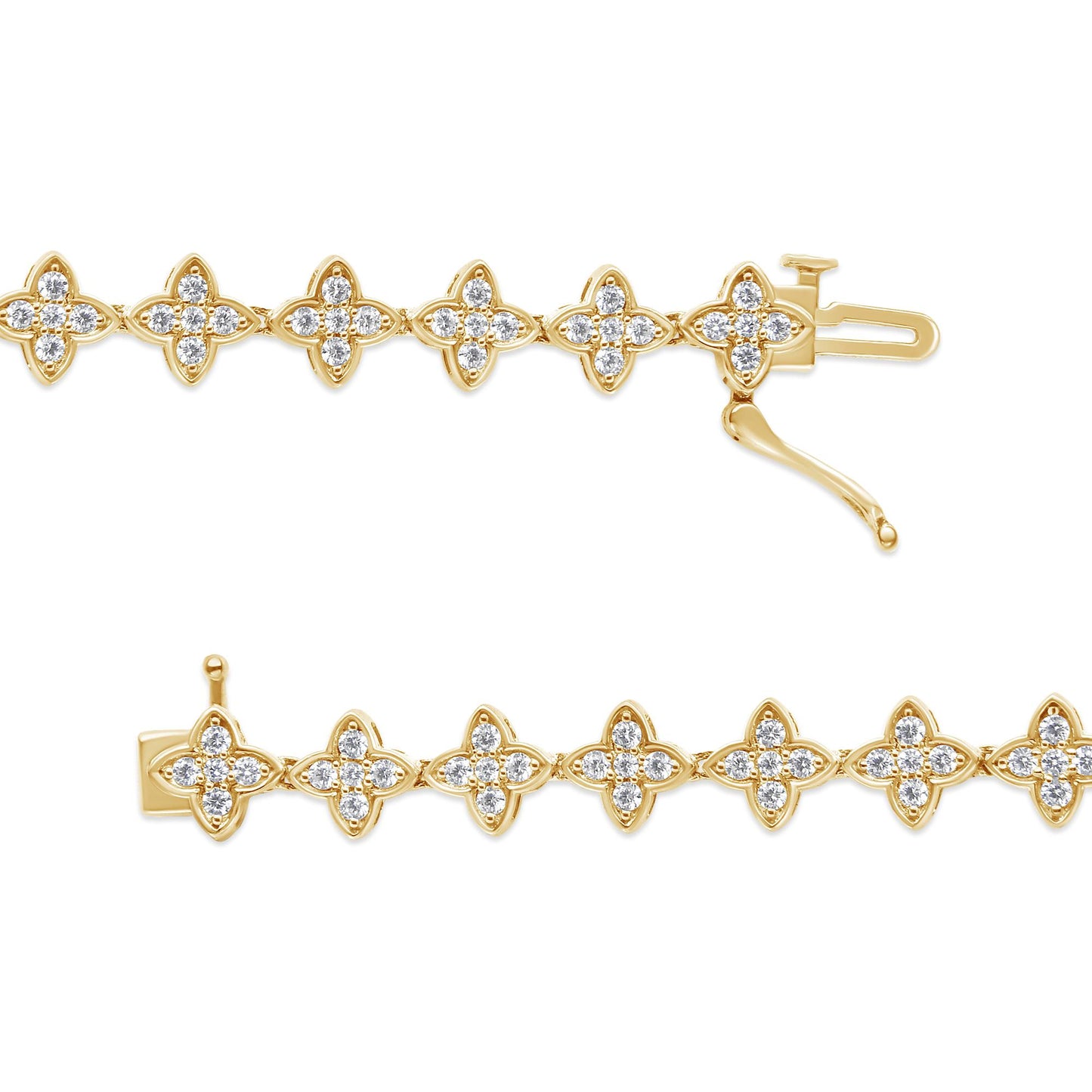 Top angle view of yellow metal bracelet with multiple four-petal flower-shaped links each set with white round gemstones in prong settings.