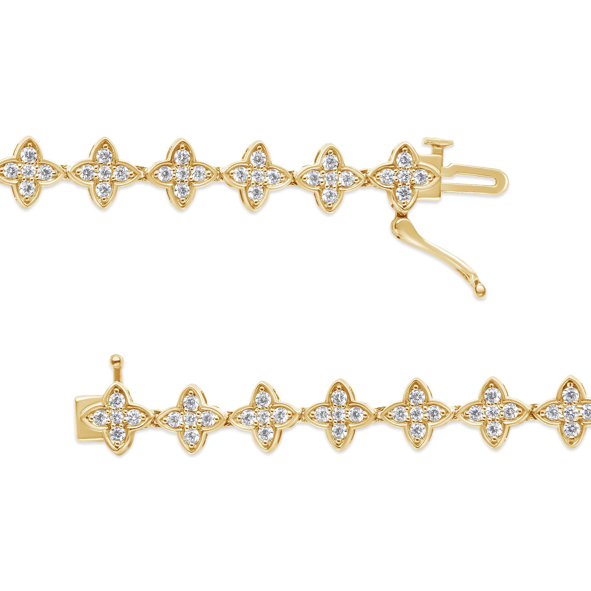 Top angle view of yellow metal bracelet with multiple four-petal flower-shaped links each set with white round gemstones in prong settings.