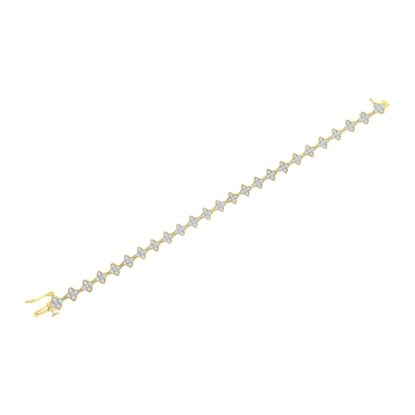 Yellow metal bracelet with a row of flower-shaped links, each set with white round gemstones, shown from a top oblique angle.