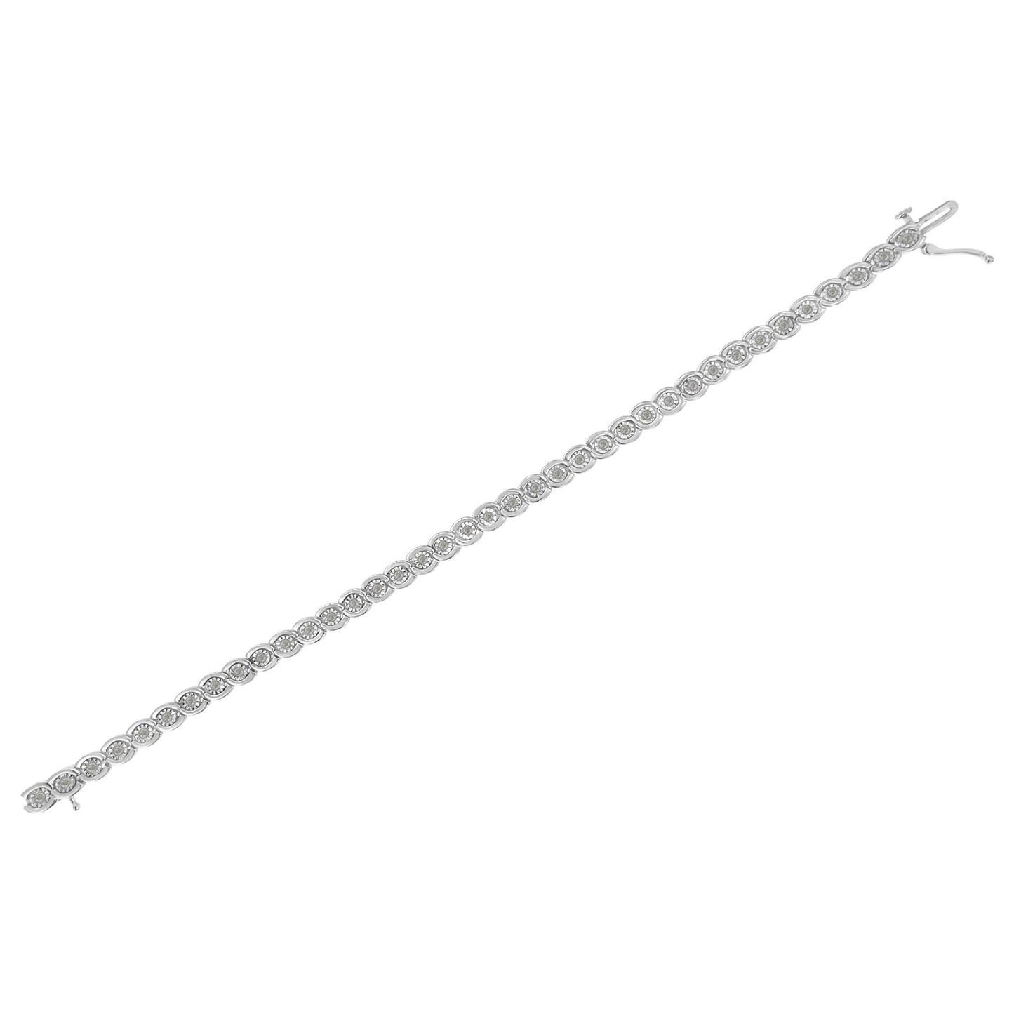 White metal bracelet with round white gemstones in miracle setting shown flat on a white background, angled top right to bottom left.