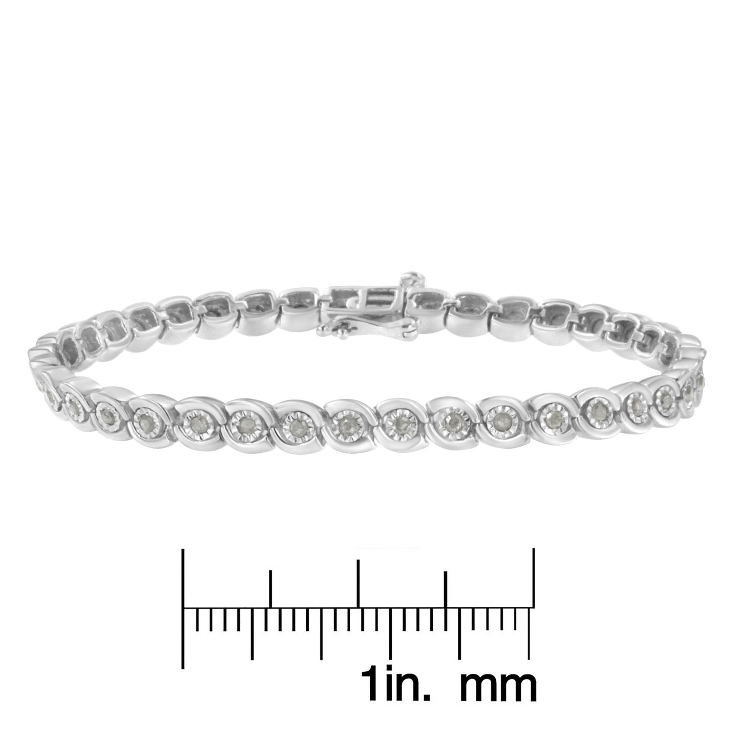 White metal bracelet with round white gemstones in miracle settings, shown from the front angle on a ruler for size reference.