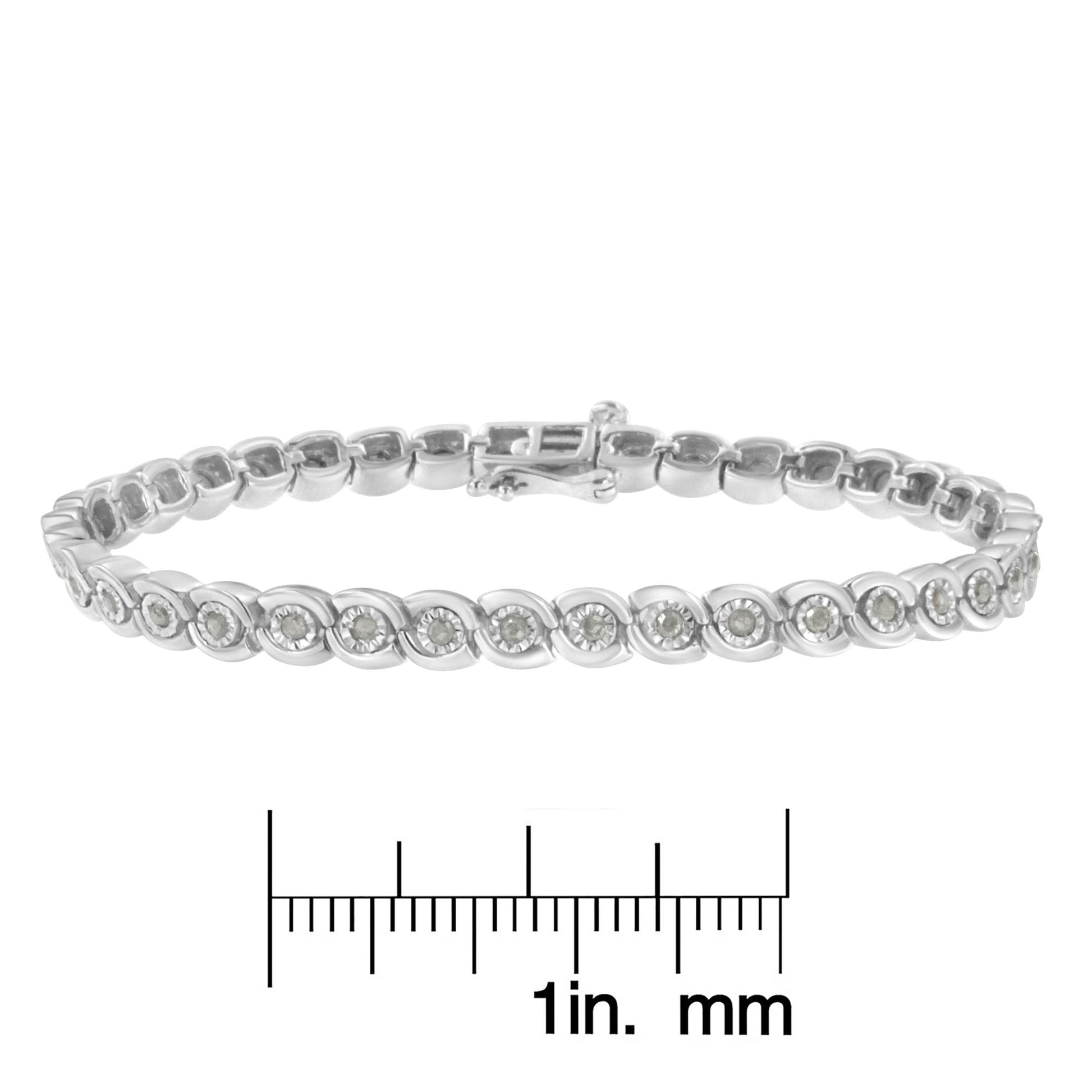 White metal bracelet with round white gemstones in miracle settings, shown from the front angle on a ruler for size reference.