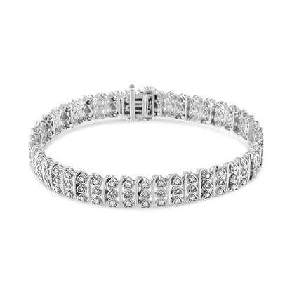 White metal bracelet with alternating heart-shaped links, each set with white round gemstones, shown in a front-facing angle.