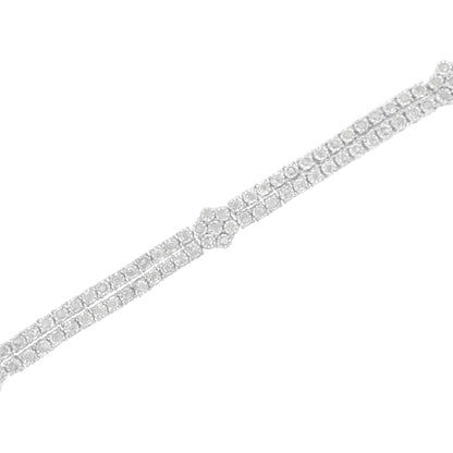 White metal bracelet with two parallel rows of round white gemstones in miracle settings, shot from an angled top view.