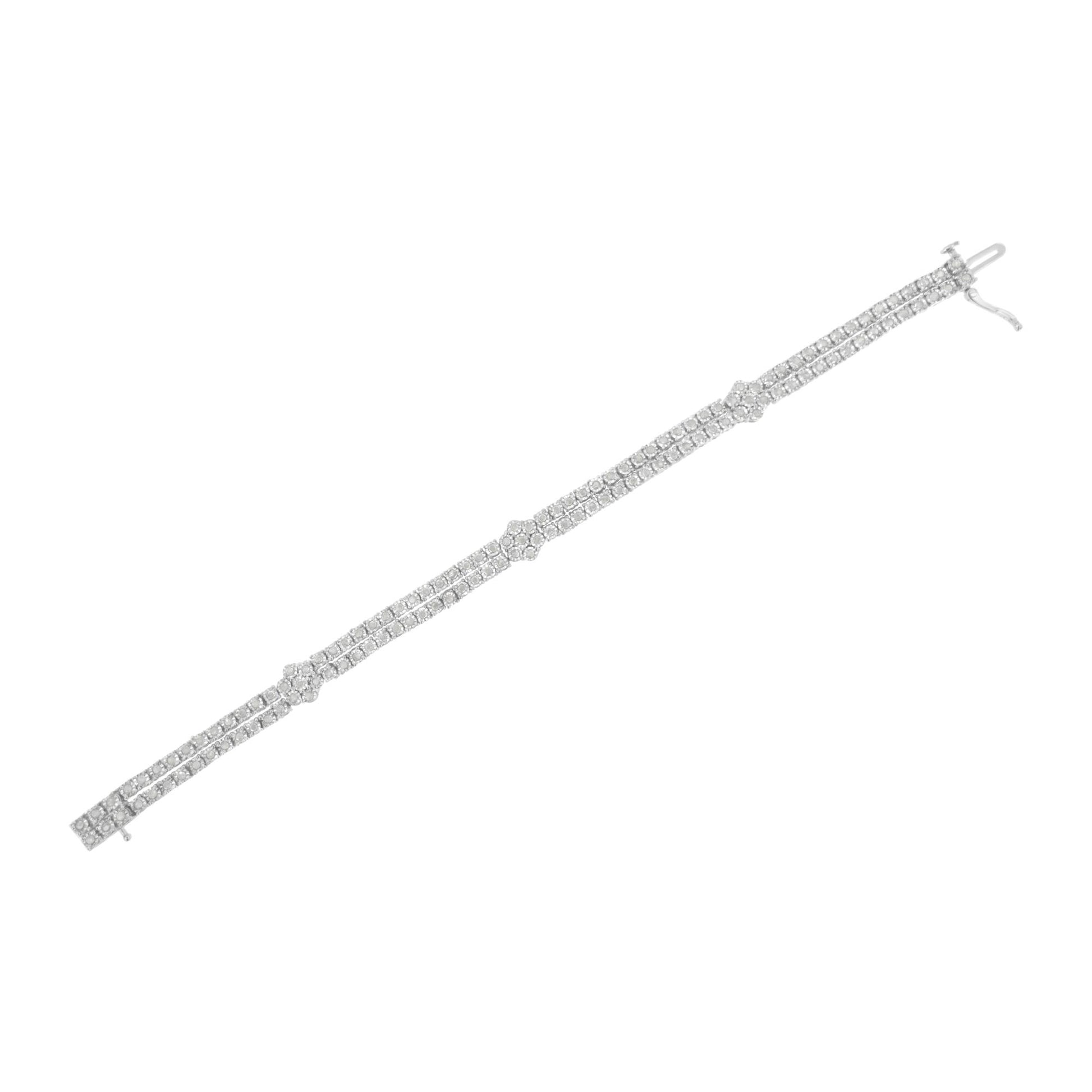 White metal bracelet with multiple rows of round white gemstones in a miracle setting, shown flat on a white background at an angled top-down view.