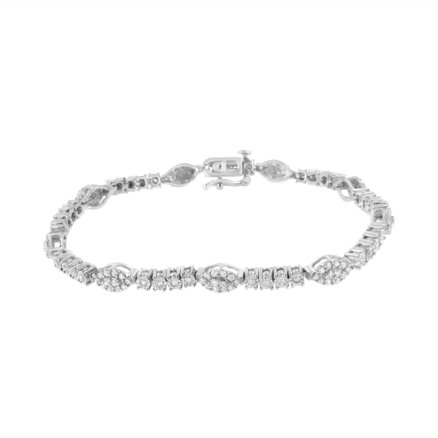 White metal bracelet with alternating round white gemstones in prong and miracle settings, shown from a front angle.