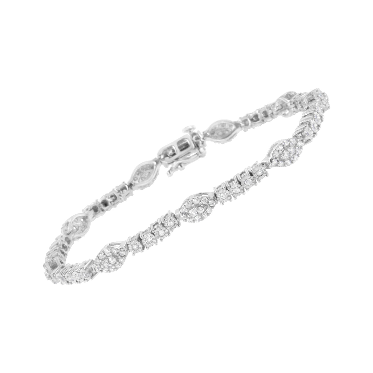 White metal bracelet with round white gemstones in prong and miracle settings, shown from a side angle.