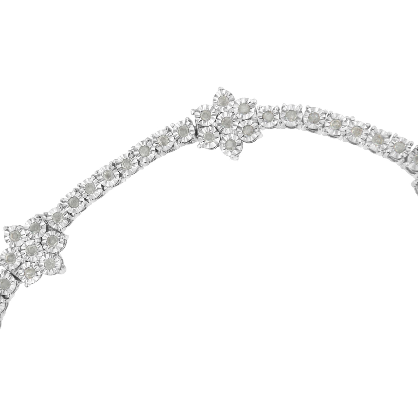Close-up front angle of a white metal bracelet with a row of round white gemstones arranged in a floral pattern.