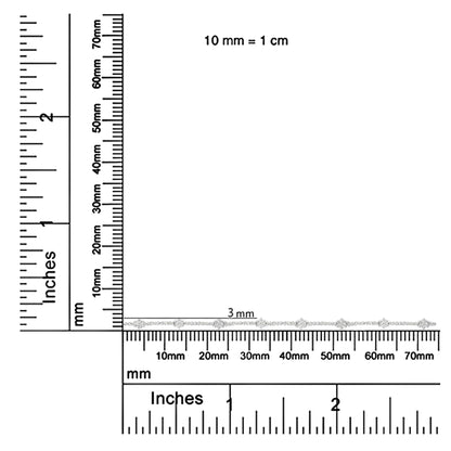 White metal bracelet with round white gemstones in miracle setting, laid flat on a ruler showing millimeters and inches, top-down angle.