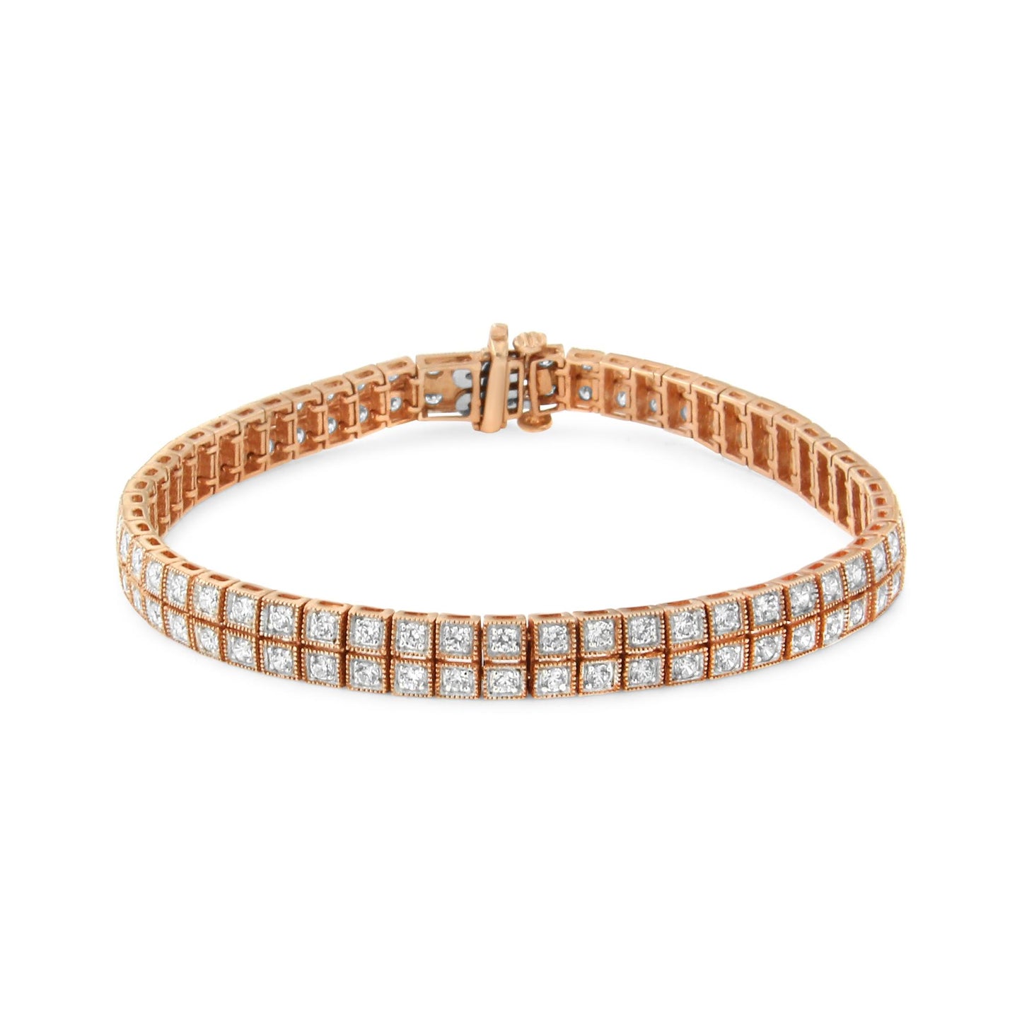 Rose metal bracelet with two rows of white round gemstones in prong settings, shown from a front angled view.