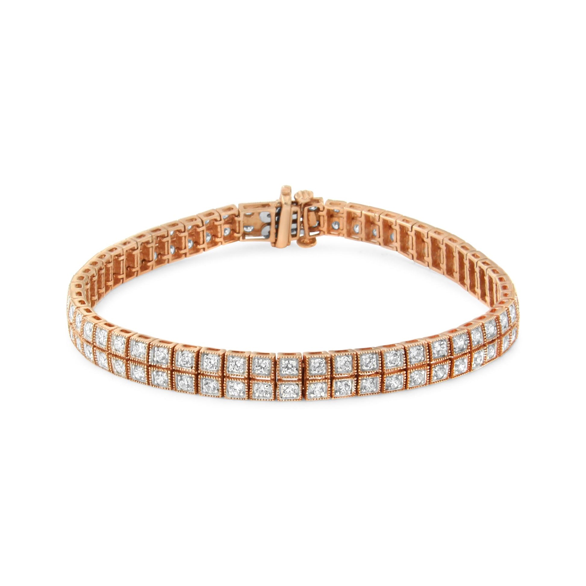 Rose metal bracelet with two rows of white round gemstones in prong settings, shown from a front angled view.