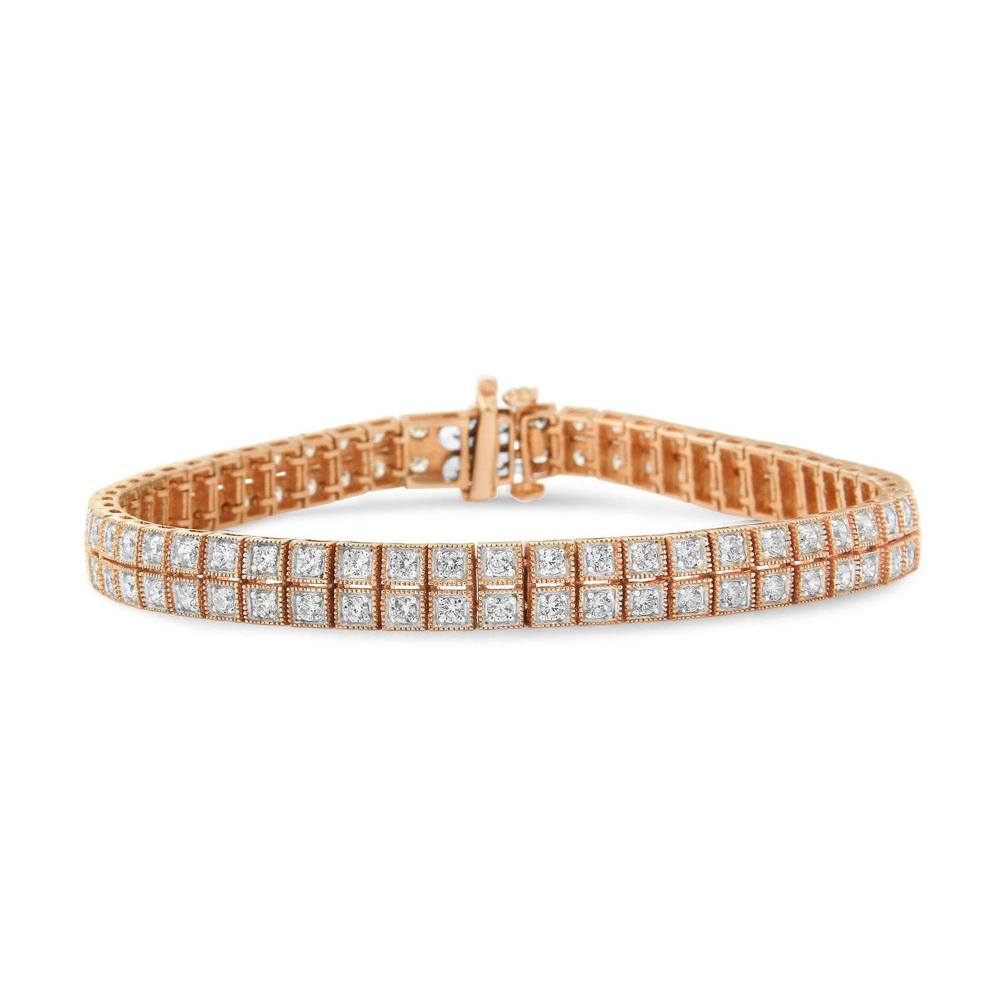 Rose-colored bracelet with two rows of square settings each holding a round white gemstone, shown from a front angle.