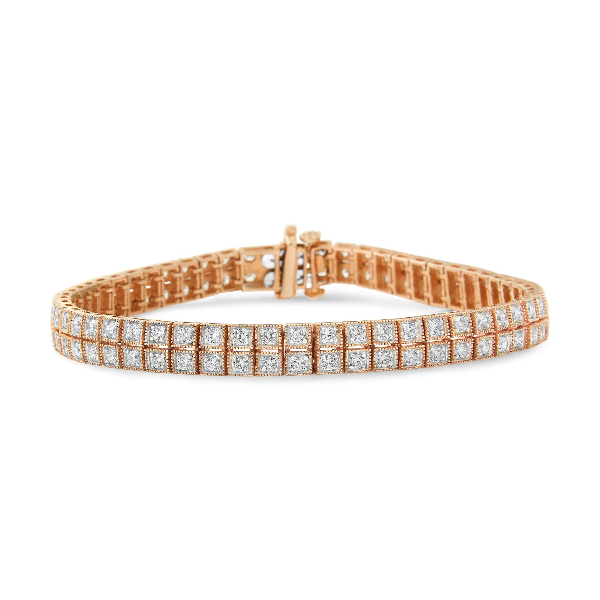 Rose-colored bracelet with two rows of square settings each holding a round white gemstone, shown from a front angle.