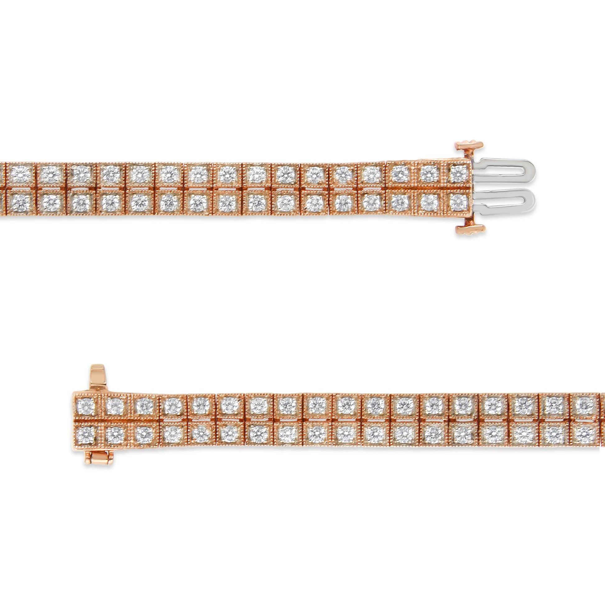 Close-up top-down view of two rose-colored bracelets with rows of round white gemstones in prong settings, displayed horizontally on a white background.