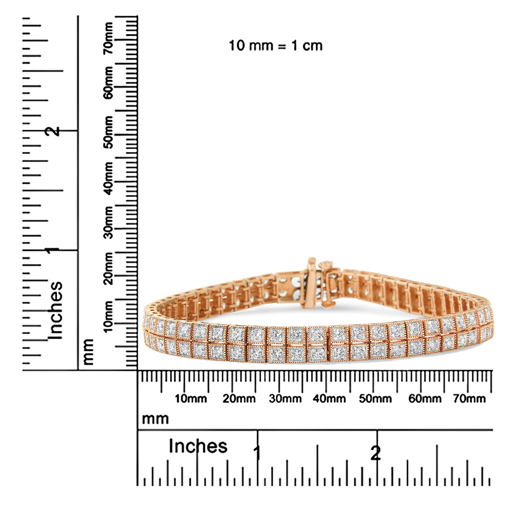 Rose colored bracelet with two rows of square settings holding round white gemstones, shown from front angle on a ruler for size reference.