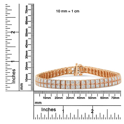 Rose colored bracelet with two rows of square settings holding round white gemstones, shown from front angle on a ruler for size reference.