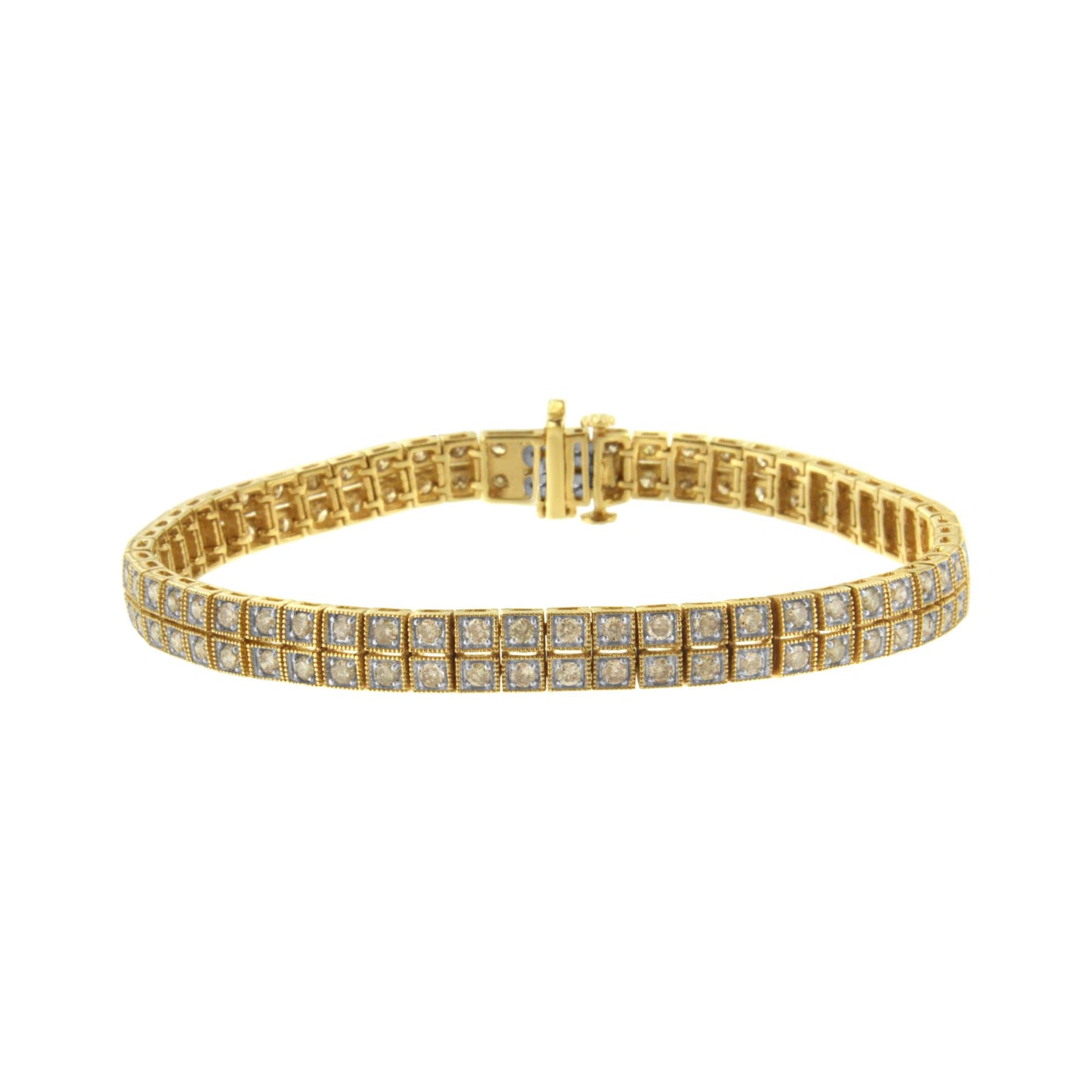 Close-up front angle of a yellow metal bracelet featuring multiple round prong-set brownish gemstones arranged in a grid pattern.