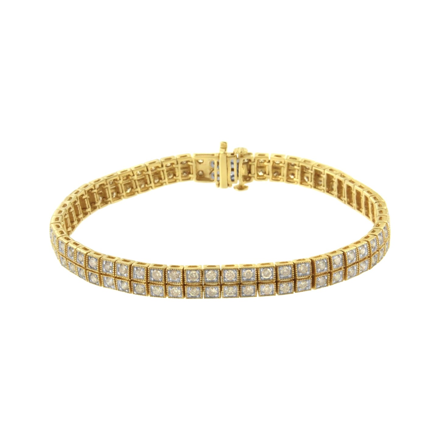 Yellow metal bracelet with multiple rows of round brownish gemstones in prong settings, shown at a slight angle on a white background.