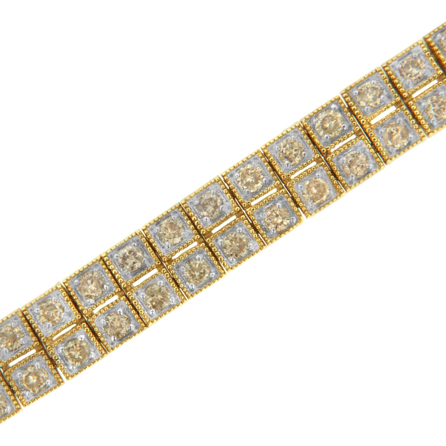 Diagonal close-up of a yellow bracelet featuring brownish round gemstones in prong settings arranged in square links.