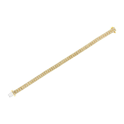 Top-down angled view of a yellow bracelet with a grid pattern, each section set with round white gemstones in prong settings.