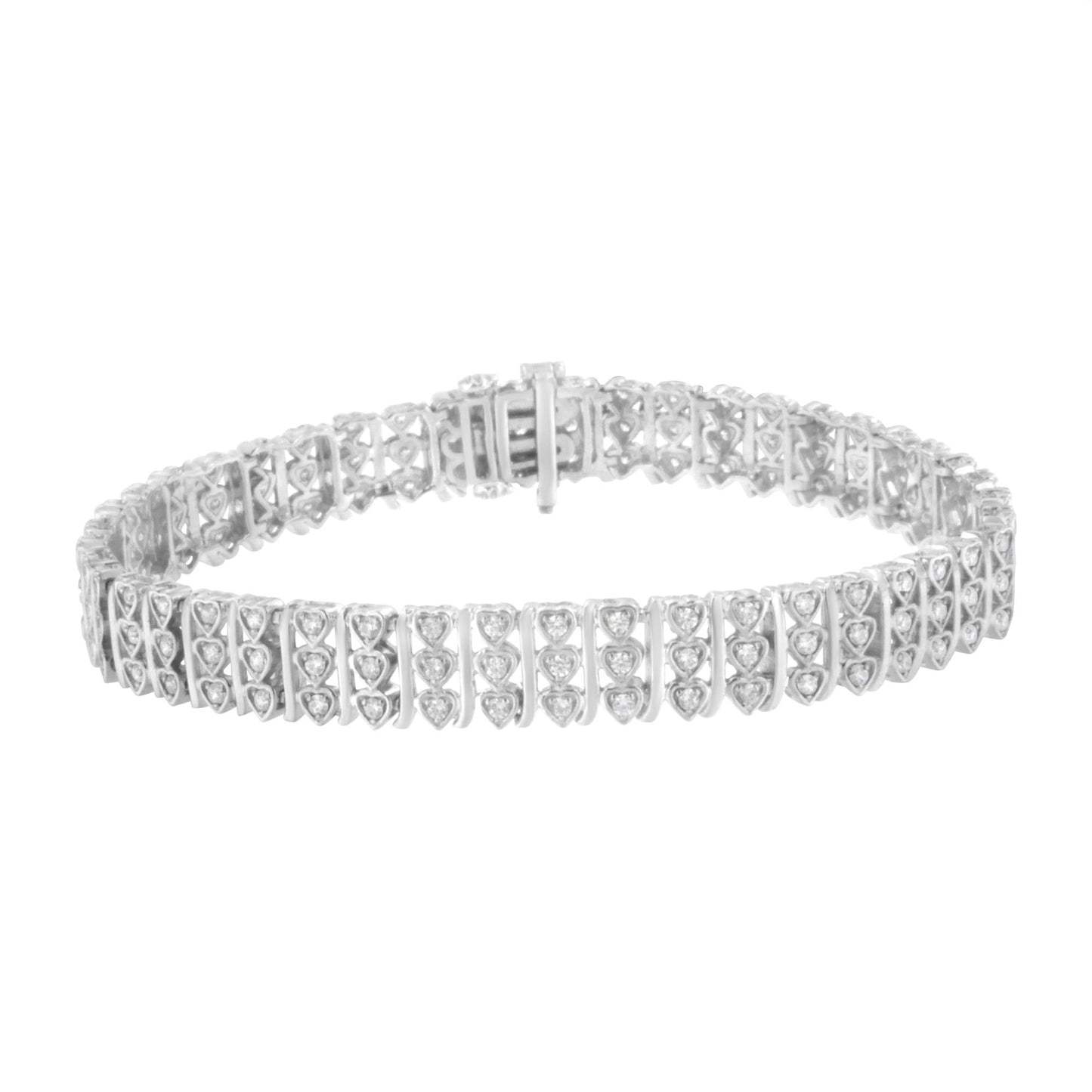 White metal bracelet with multiple rows of round white gemstones in prong settings, shown from a front angle.