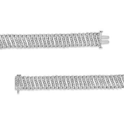 Close-up top down view of a white metal bracelet with rows of round white gemstones in prong settings, shown separately with both ends visible.