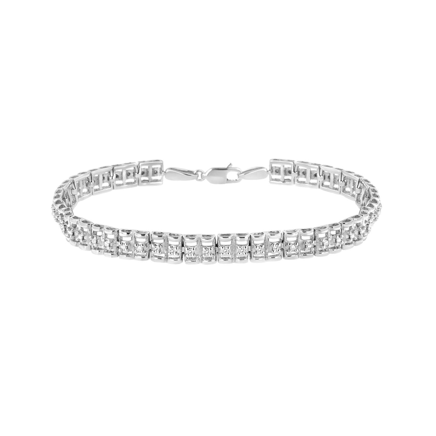 White metal bracelet with two rows of round white gemstones in prong settings, shown from a top front angle.