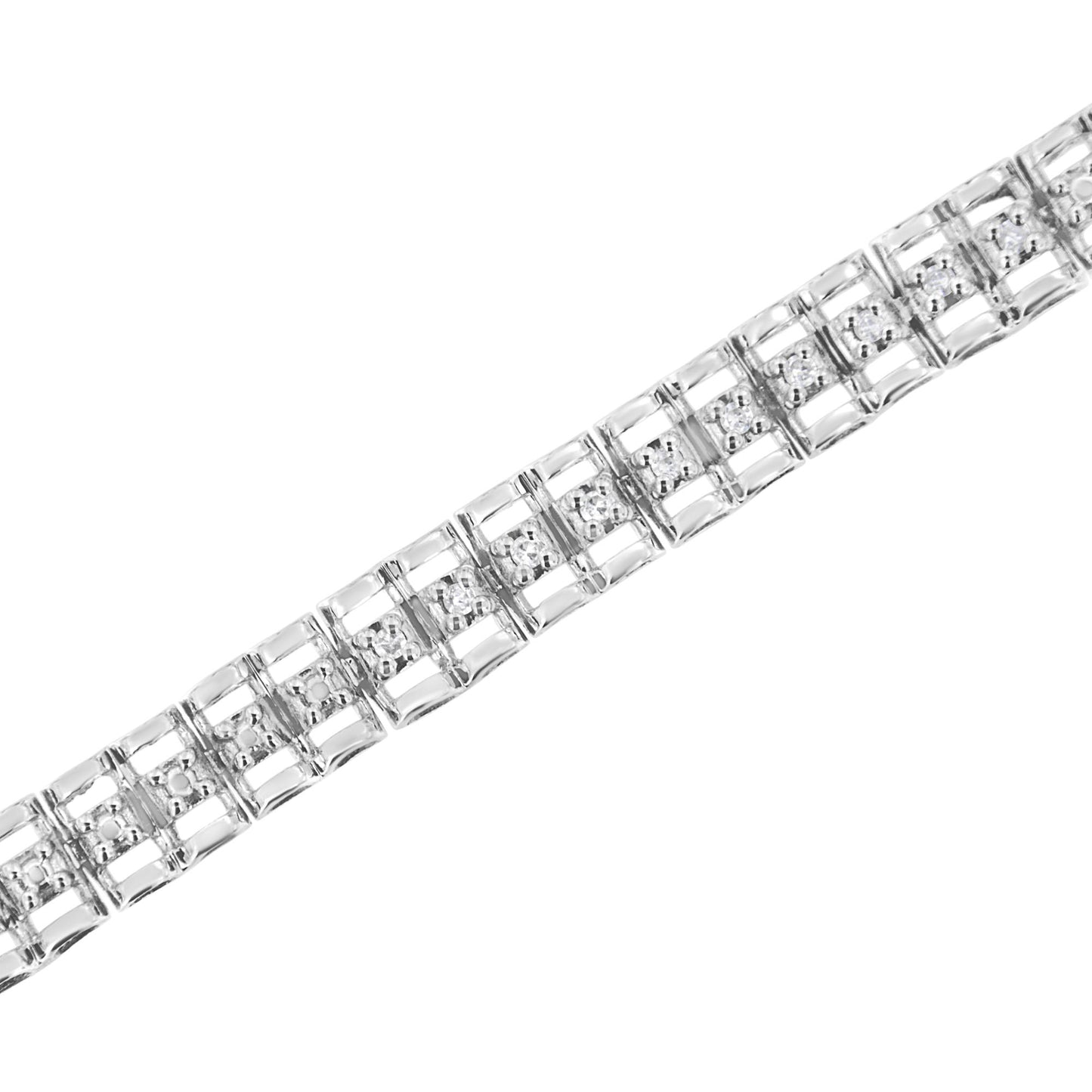 Close-up diagonal shot of a white metal bracelet featuring linked square sections each with a round white gemstone in prong setting.