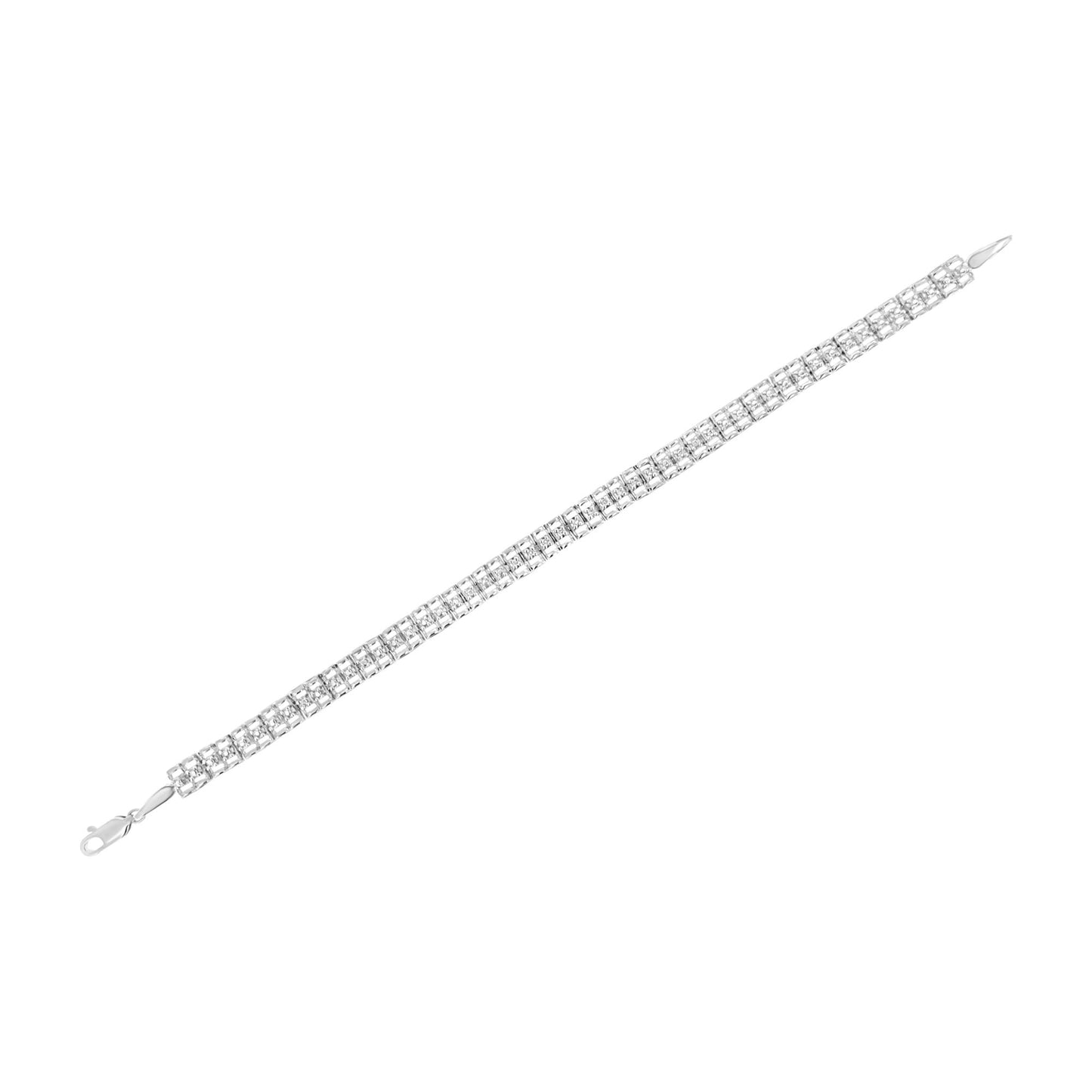 White metal bracelet with round white gemstones in prong settings, shown flat from a top angle.