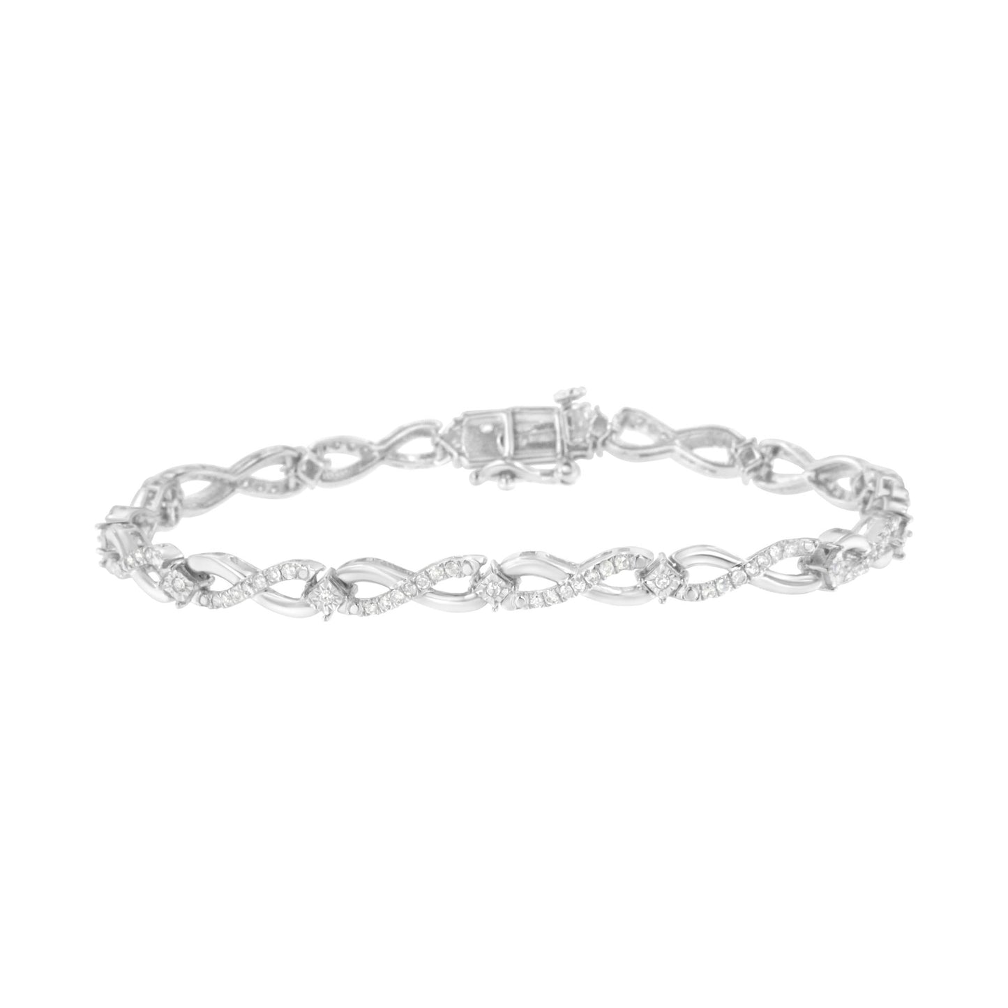 White metal bracelet with intertwined design accented by round white gemstones in prong settings, shown in a top-down angle.