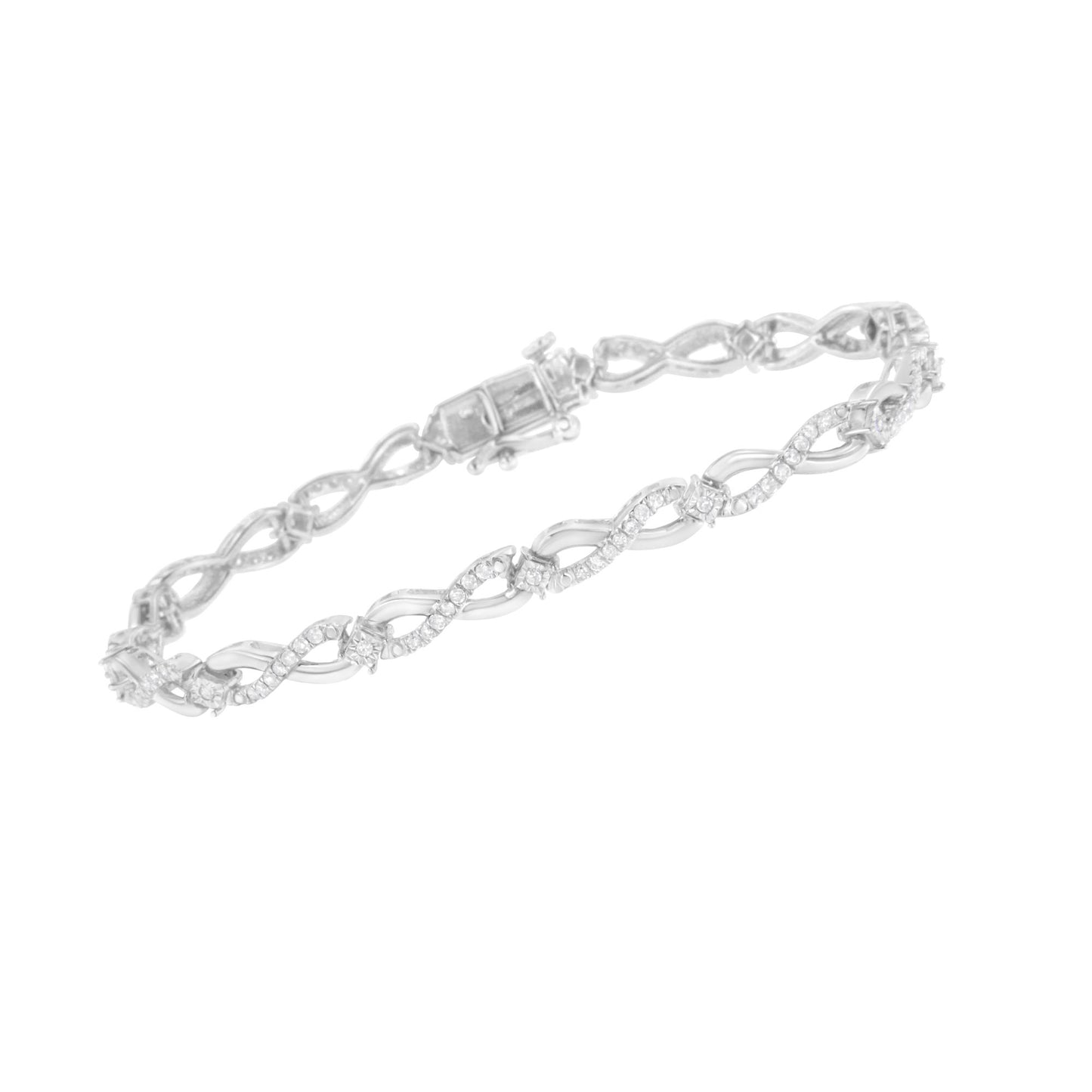 White metal bracelet with intertwined oval links, some links accented with round white gemstones in prong settings, shown from a slight top angle.