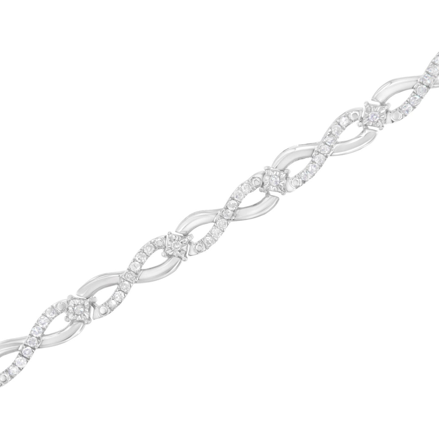 Diagonal close-up of a white metal bracelet with an alternating twisted design set with round white gemstones in prong settings.