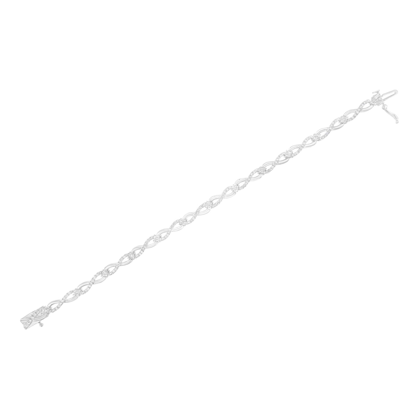 White metal bracelet with intertwined oval links featuring small round white gemstones in prong settings, shown in a top-down angle.