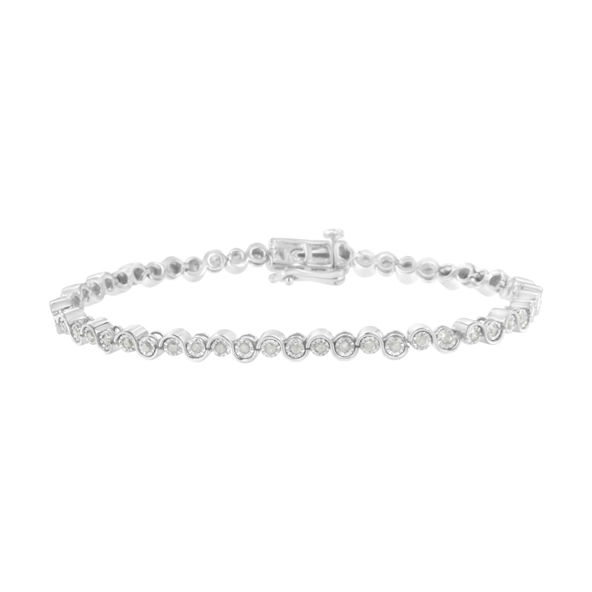 White metal bracelet with round white gemstones in a miracle setting, front angle view.