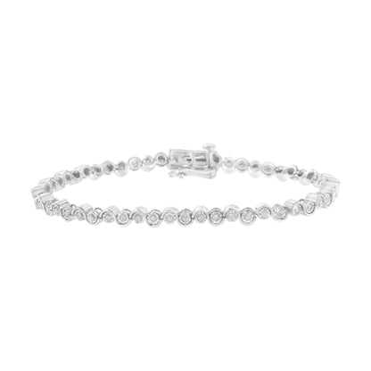 White metal bracelet with round white gemstones in a miracle setting, front angle view.