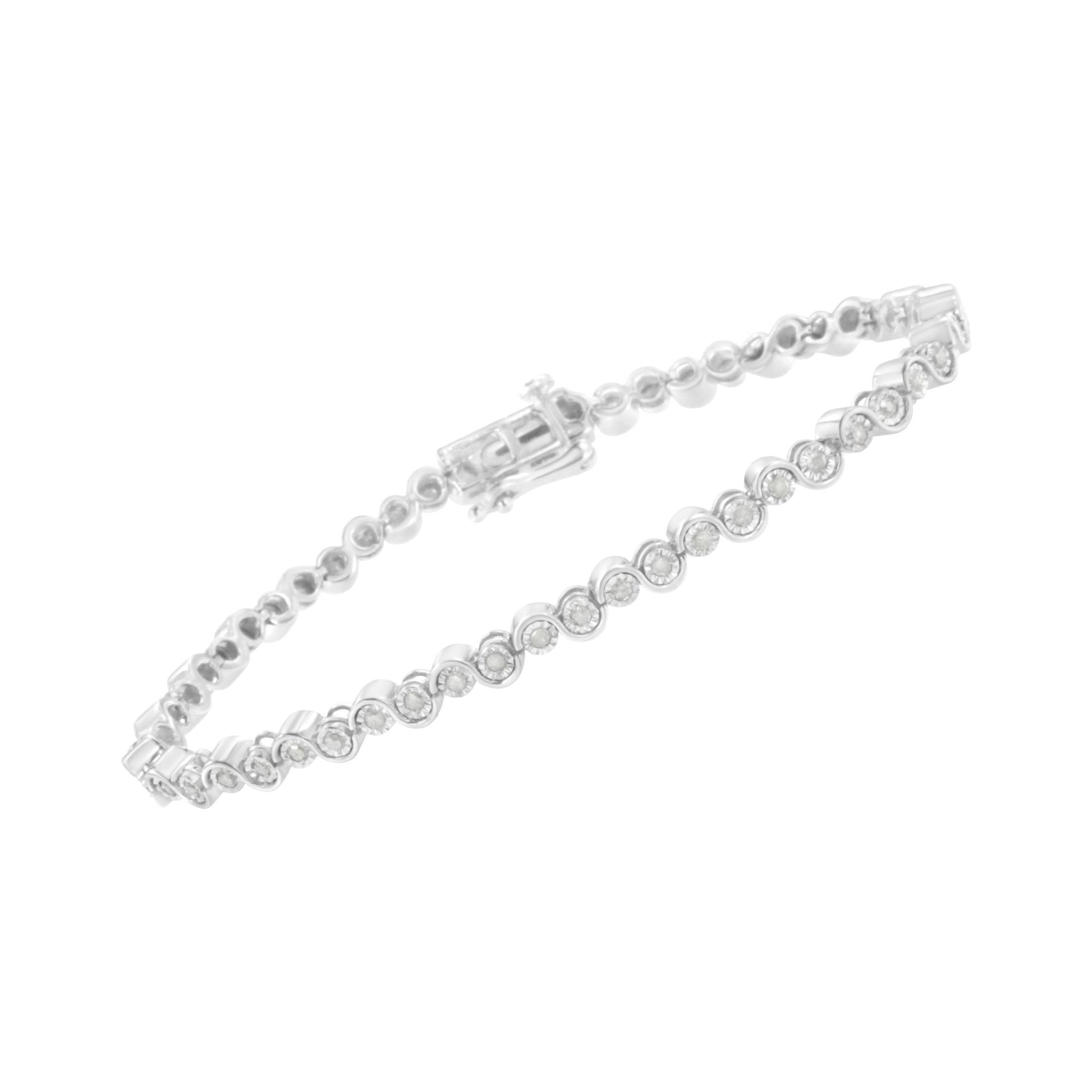 White metal bracelet with round white gemstones in miracle settings, shown at a slight angle.