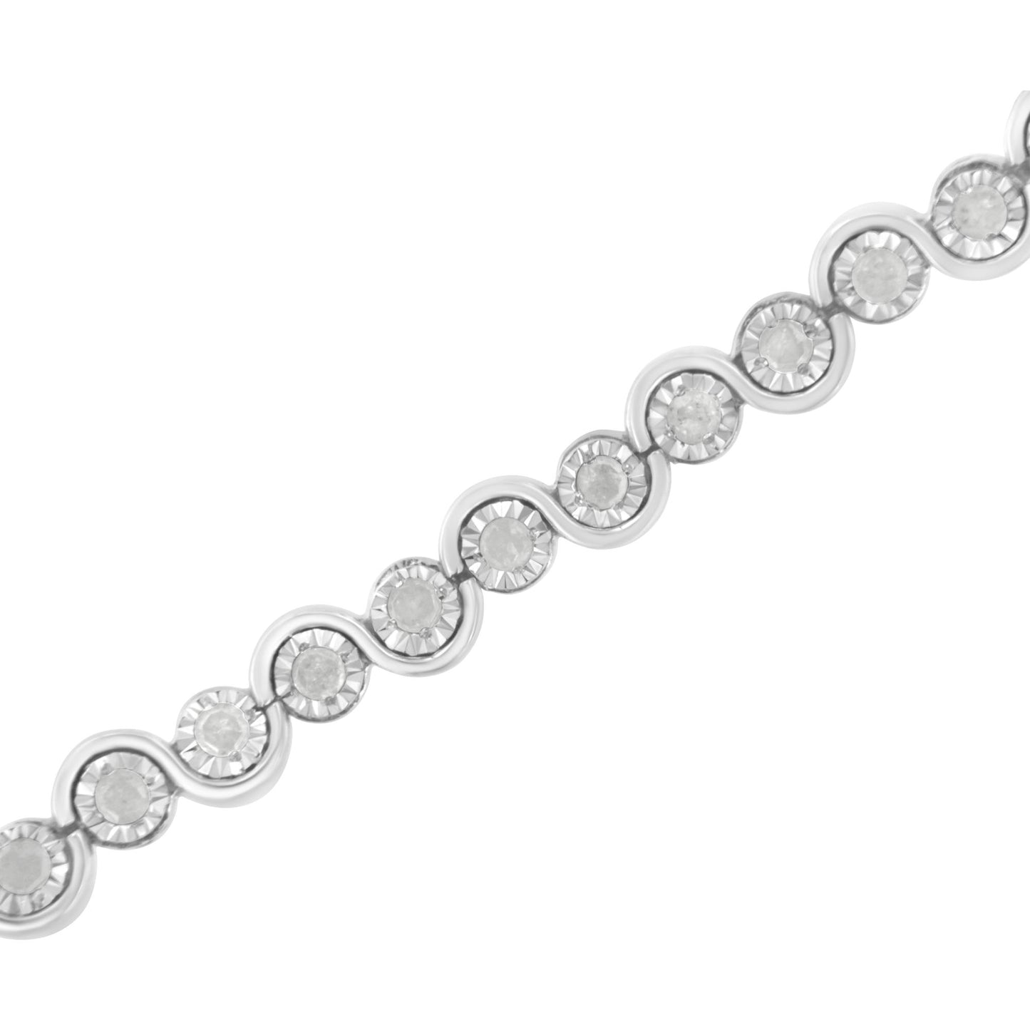Close-up diagonal view of a white metal bracelet with round white gemstones set in alternating circular and wave-shaped links.