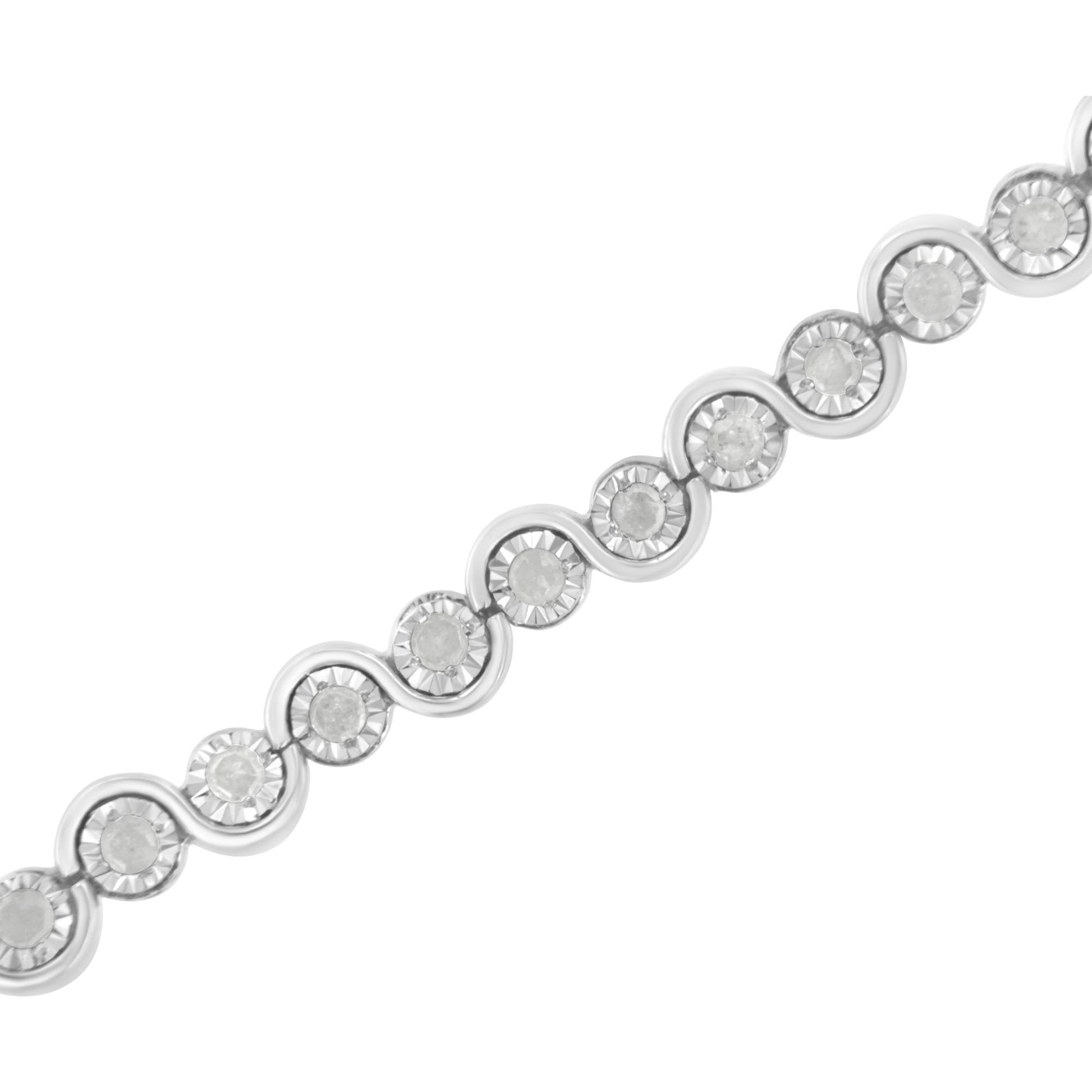 Close-up diagonal view of a white metal bracelet with round white gemstones set in alternating circular and wave-shaped links.