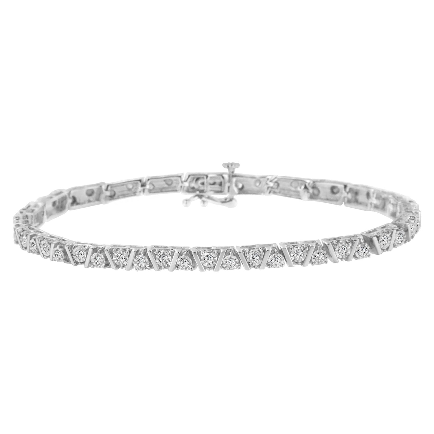 White bracelet with round white gemstones in a miracle setting, shown in a front-facing angle.